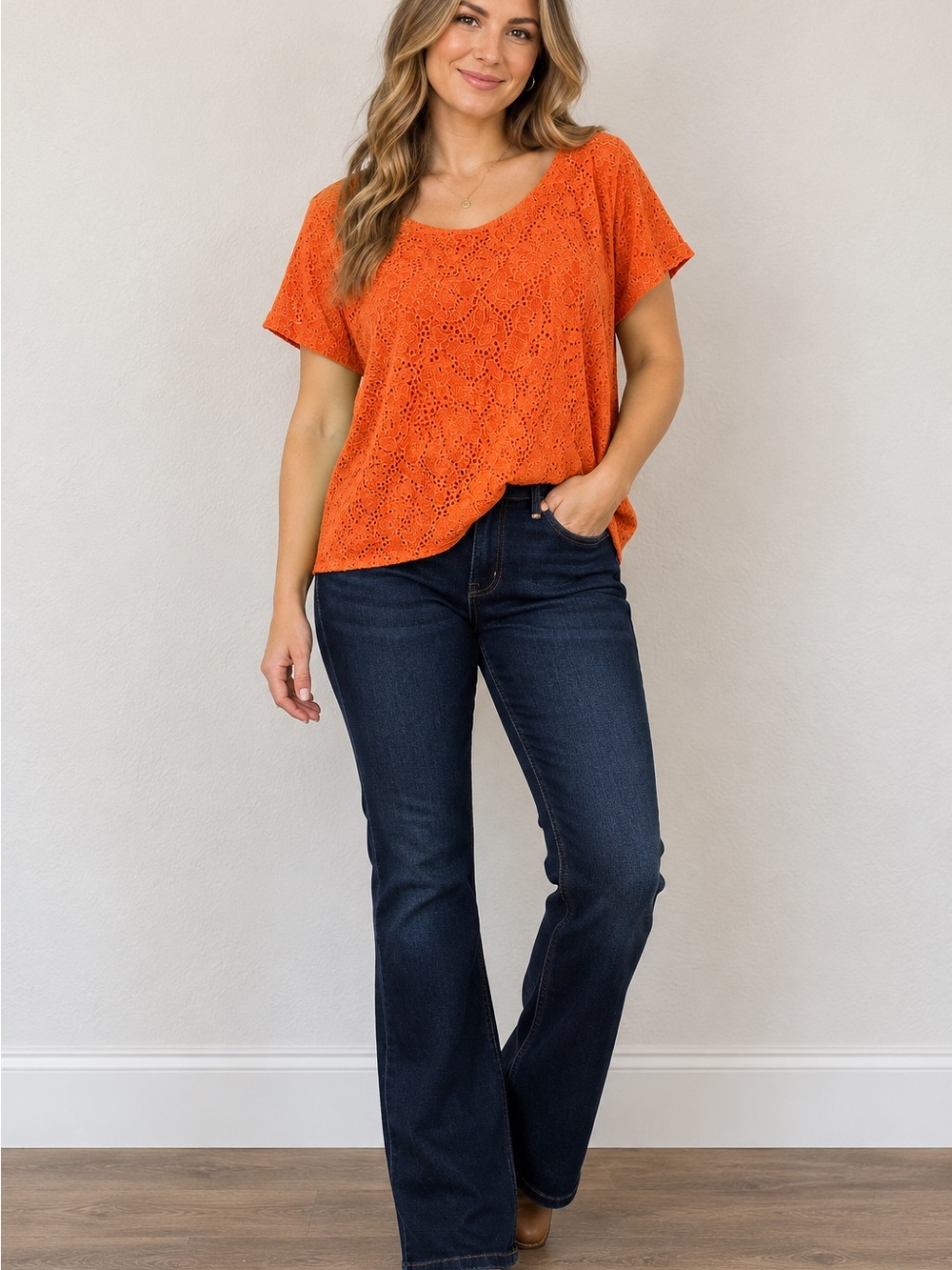 Maeve Orange Eyelet Lace Tunic Top